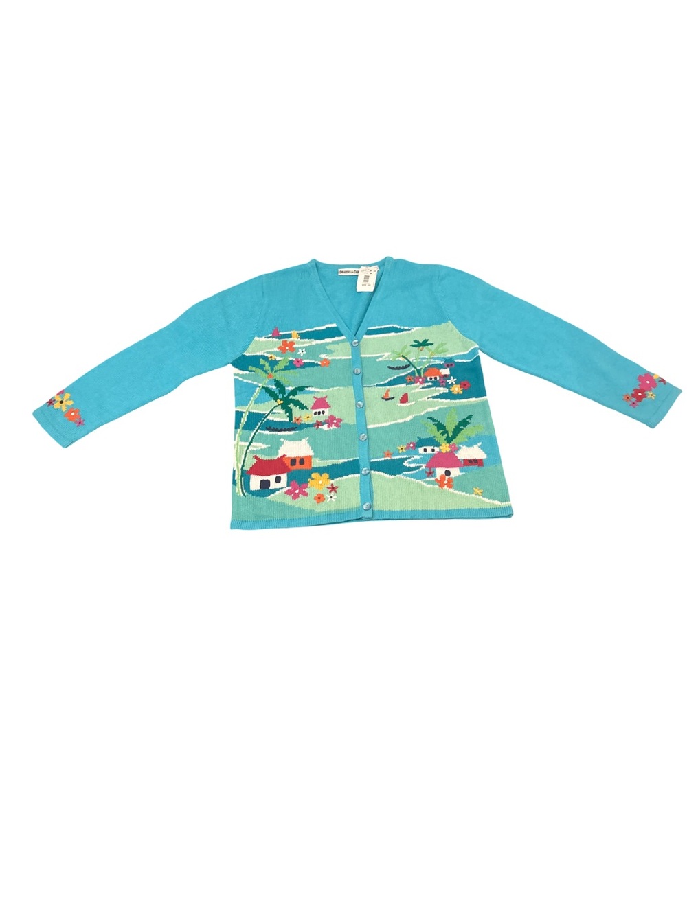 VTG Draper's & Damon's Turquoise V-Neck Sweater M Embroidered Sweater Cardigan